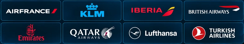 Air France, KLM, Iberia, British Airways, Emirates, Qatar Airways, Lufthansa e Turkish Airlines
